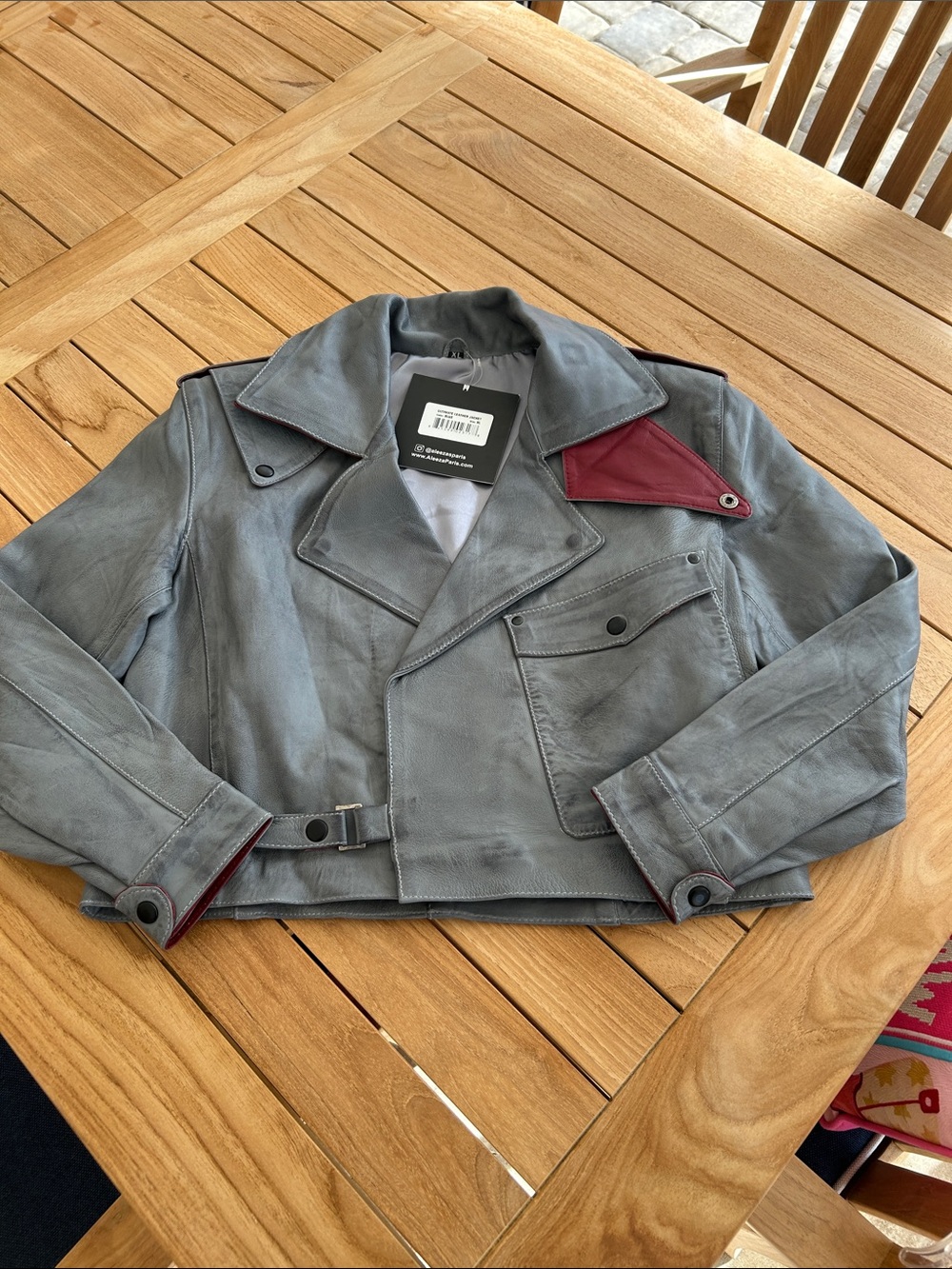 Aleeza Paris Grey Leather Biker Jacket with Burgundy Accent